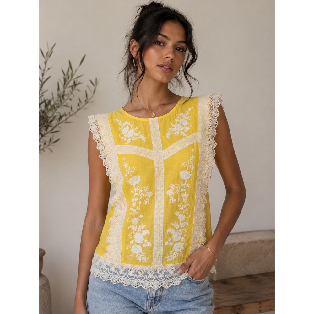Embroidered Lace Ruffle Top Yellow Boho‎ Cottagecore Sleeveless Blouse Prairie